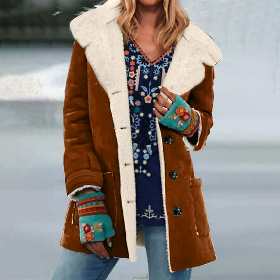 AOOCHASLIY Christmas Day Women Blouse Women Winter Warm Composite Plush Button Lapel Collar Jacket Outwear Coat with Pokets