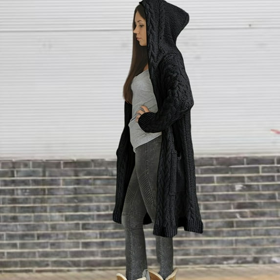 AOOCHASLIY Christmas Day Women Blouse Women's Casual Solid Outfits Chunky Knit Open Front Hooded Sweaters Long Sleeve Cardigan Outerwear Coats with Pocket
