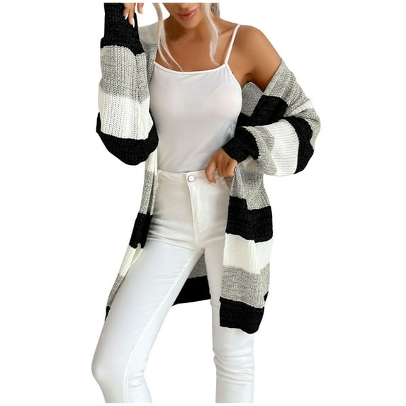 AOOCHASLIY Christmas Day Women Blouse Women's New Fashion Casual Fall/Winter Mid Length Knitted Stripe Sweater Cardigan Coat