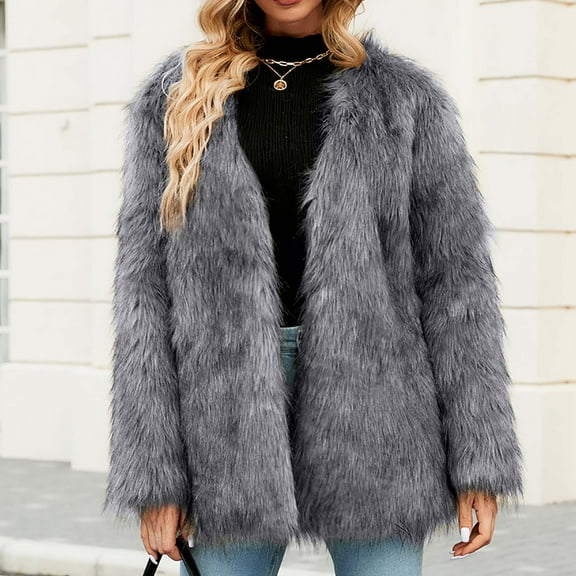 AOOCHASLIY Christmas Day Women Blouse Womens Ladies Warm Faux Furry Long Coat Jacket Winter Solid V-neck Outerwear