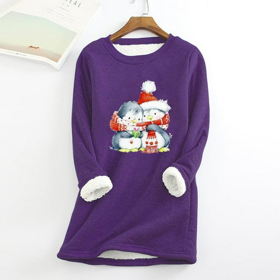 AOOCHASLIY Christmas Tops Ladies Fashion Casual Winter Plus Fleece Warm Christmas Print Top Women