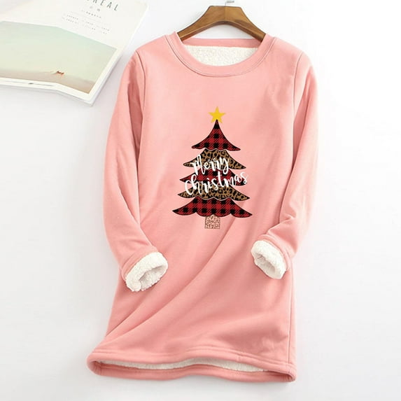 AOOCHASLIY Christmas Tops Ladies Fashion Casual Winter Plus Fleece Warm Christmas Print Top Women