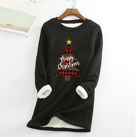AOOCHASLIY Christmas Tops Ladies Fashion Casual Winter Plus Fleece Warm Christmas Print Top Women