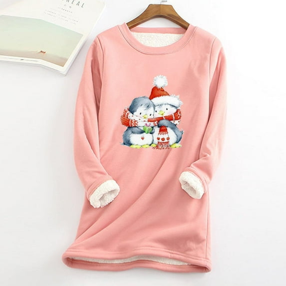 AOOCHASLIY Christmas Tops Ladies Fashion Casual Winter Plus Fleece Warm Christmas Print Top Women