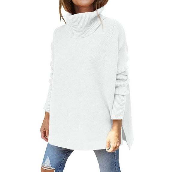 AOOCHASLIY Christmas Tops Women Fashion Casual Solid Color Split Fork Knitted Sweatshirt Long Sleeve Turtleneck Tops