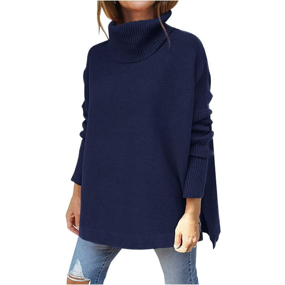 AOOCHASLIY Christmas Tops Women Fashion Casual Solid Color Split Fork Knitted Sweatshirt Long Sleeve Turtleneck Tops