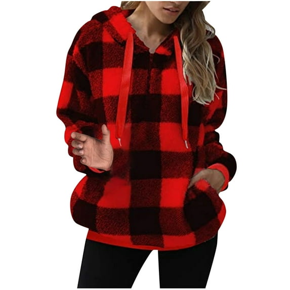 AOOCHASLIY Christmas Tops Women's Fashion Casual Colorful Pullover Round Neck Hooded Plaid Long Sleeve Plush Top