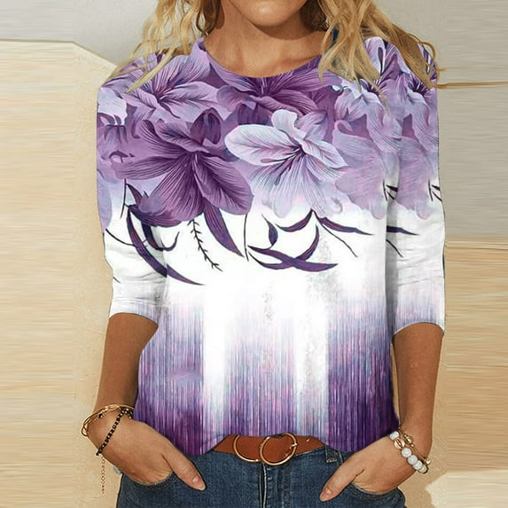 AOOCHASLIY Christmas Tops Women's Fashion Printed Loose T-shirt Mid-length 3/4 Sleeves Blouse Round Neck Casual Tops