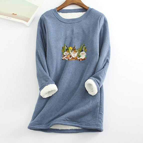 AOOCHASLIY Christmas Tops Women's Round Neck Pocket Thickened Plush Warm Long Sleeve Tops