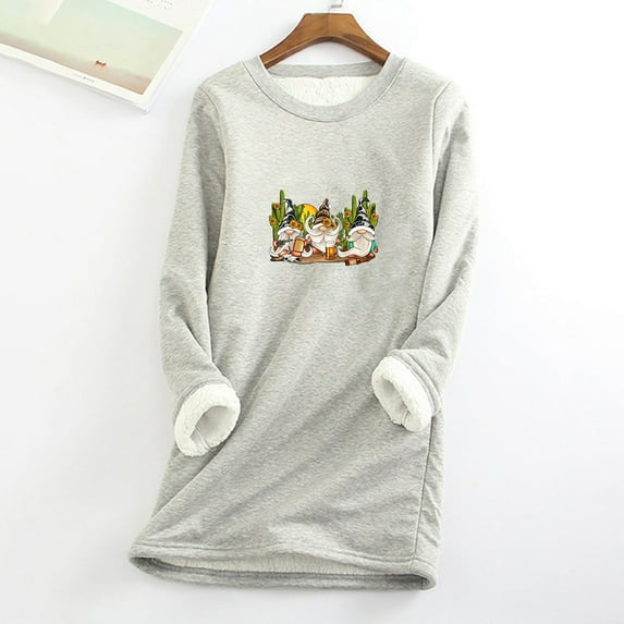 AOOCHASLIY Christmas Tops Women's Round Neck Pocket Thickened Plush Warm Long Sleeve Tops
