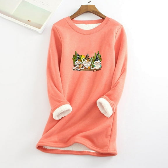 AOOCHASLIY Christmas Tops Women's Round Neck Pocket Thickened Plush Warm Long Sleeve Tops