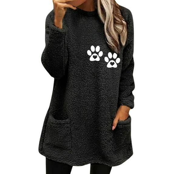 AOOCHASLIY Christmas Tops Women's Round- Neck and Winter Loose Print Pocket Warm Long Sleeve Blouse Tops