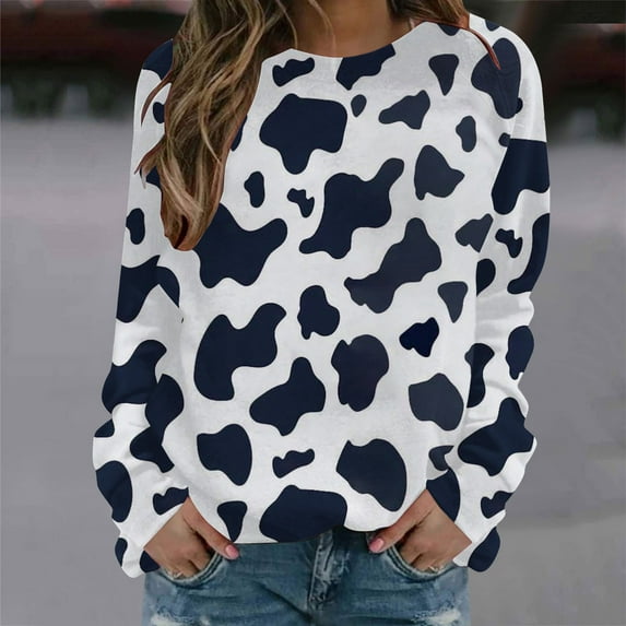 AOOCHASLIY Christmas Tops Womens Winter Round Neck Long Sleeve Tops Cows Printed Regular Hoodies Sweatshirt Blouse