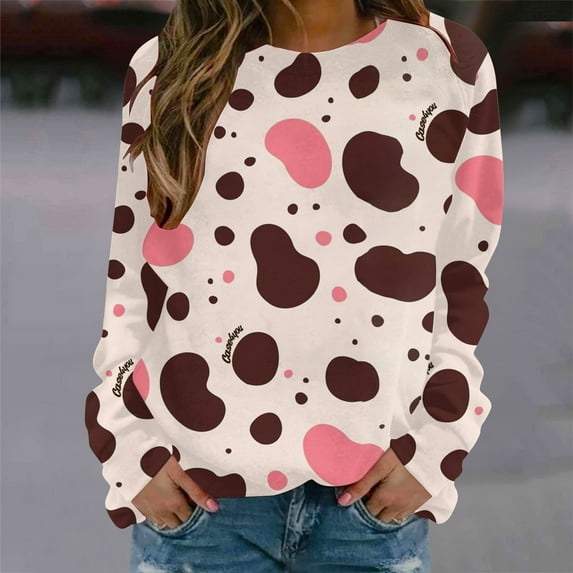 AOOCHASLIY Christmas Tops Womens Winter Round Neck Long Sleeve Tops Cows Printed Regular Hoodies Sweatshirt Blouse