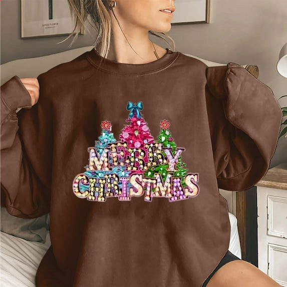 AOOCHASLIY Christmas Winter Clothes Fashion Woman Long Sleeve Round Neck T-Shirt Printing Loose Blouse Tops