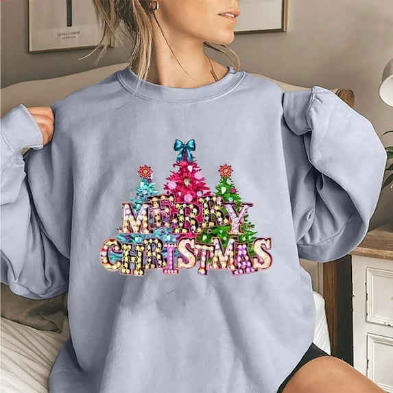 AOOCHASLIY Christmas Winter Clothes Fashion Woman Long Sleeve Round Neck T-Shirt Printing Loose Blouse Tops