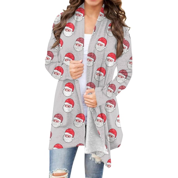 AOOCHASLIY Christmas Women Coat Women's Fashion Christmas Printed Long Sleeved Cardigan Jacket Tops