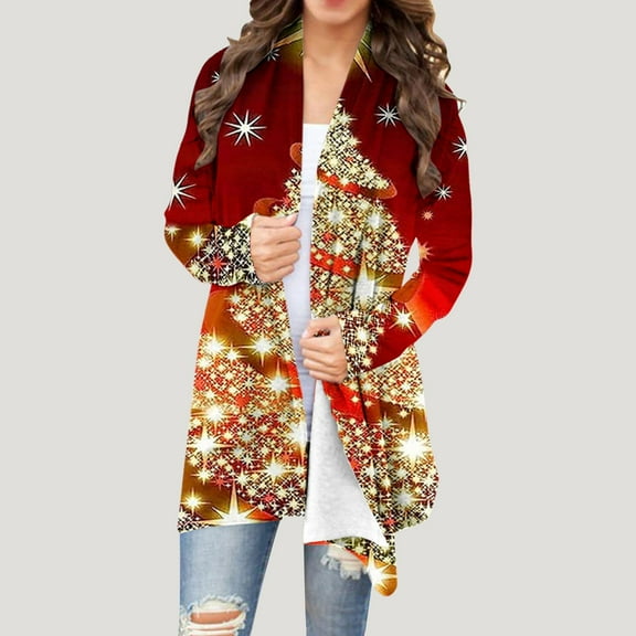 AOOCHASLIY Christmas Women Coat Women's Fashion Christmas Printed Long Sleeved Cardigan Jacket Tops