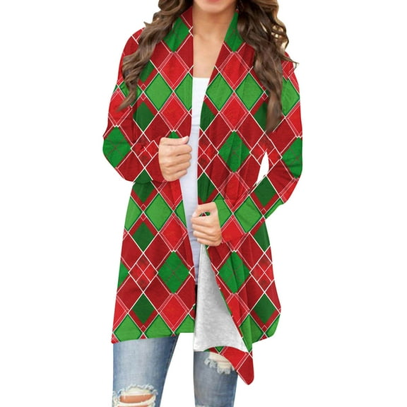 AOOCHASLIY Christmas Women Coat Women's Fashion Christmas Printed Long Sleeved Cardigan Jacket Tops