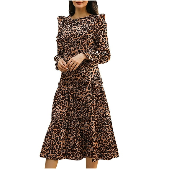 AOOCHASLIY Clarance Dresses for Women 2022Women Fashion Casual Printed Round Neck Leopard Print Ruffled Long Sleeve Dress