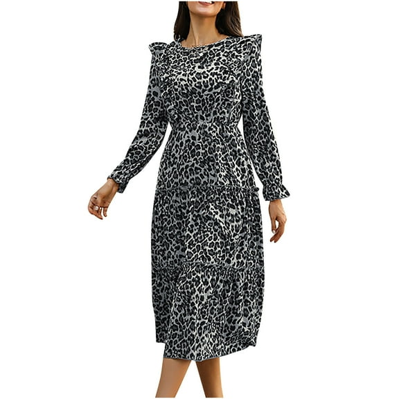 AOOCHASLIY Clarance Dresses for Women 2022Women Fashion Casual Printed Round Neck Leopard Print Ruffled Long Sleeve Dress