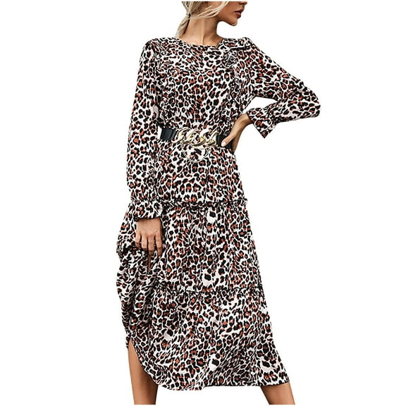 AOOCHASLIY Clarance Dresses for Women 2022Women Fashion Casual Printed Round Neck Leopard Print Ruffled Long Sleeve Dress