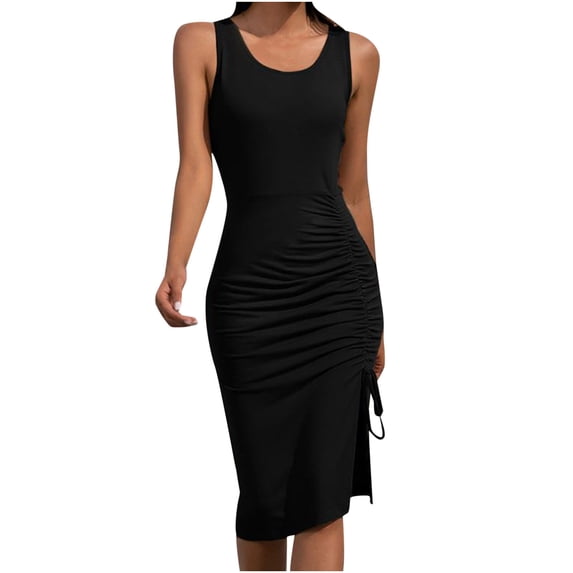 AOOCHASLIY Clarance Dresses for Women 2022Women Sexy Round Neck Solid Slimming Hem Ruched Drawstring Sleeveless Tank Dress