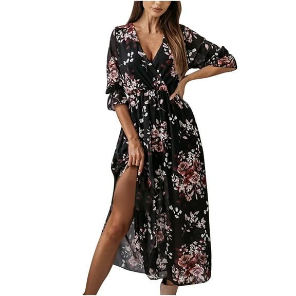 AOOCHASLIY Clarance Dresses for Women 2022Women's Fashion Bohemian V-Neck Loose Half Sleeve A-Line Print Floral Long Maxi Dress