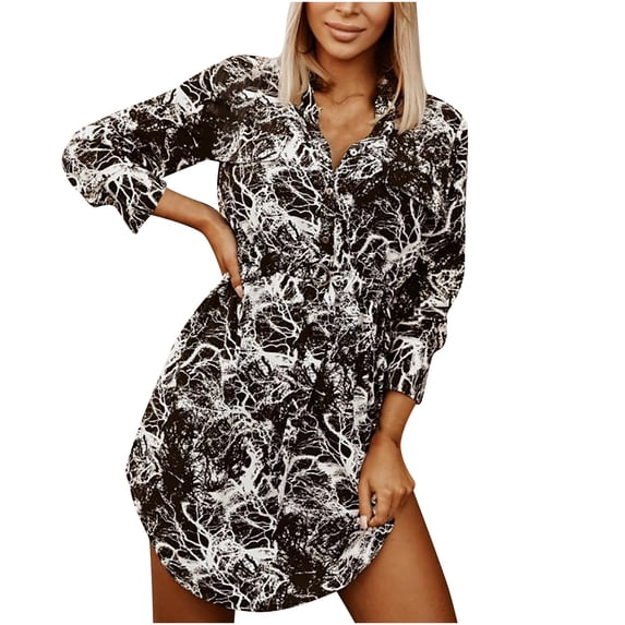 AOOCHASLIY Clarance Dresses for Women 2022Women's Fashion Temperament V Neck Printing Long Sleeve Slim Belt Shirt Dress Short Skirt