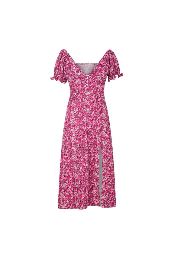 Clarance Dresses for Women 2022Women's Floral Split Puff Sleeves Sexy V Neck Long Pullover Dress