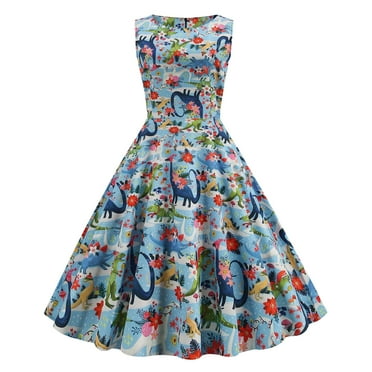 AOOCHASLIY Clarance Dresses for Women 2022Women's Summer Fashion Sleeveless Round Neck Vintage Print Party Swing Dress