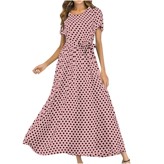AOOCHASLIY Clarance Dresses for Women 2024 Fashion Women O-Neck Short Sleeve Beach Polka Dot Bandage Long Maxi Dress