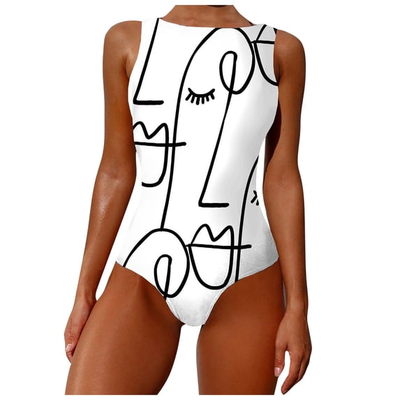 AOOCHASLIY Clearance 2022 Popular Women Graffiti Abstract Print Wide Straps High Neck Backless Swimwear One Piece