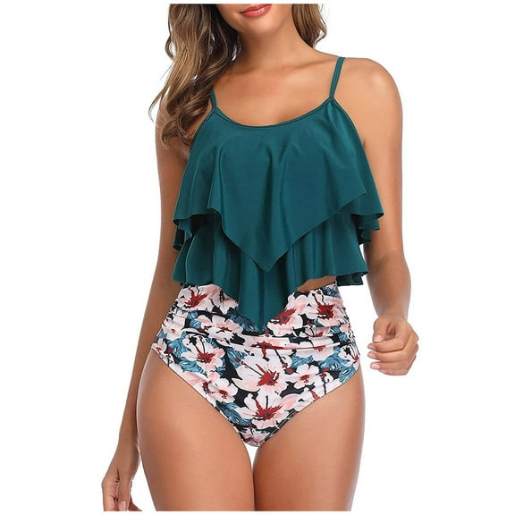 AOOCHASLIY 2022 Popular Women High Waisted Swimsuit Two Piece Ruffled Flounce Top With Ruched Bottom