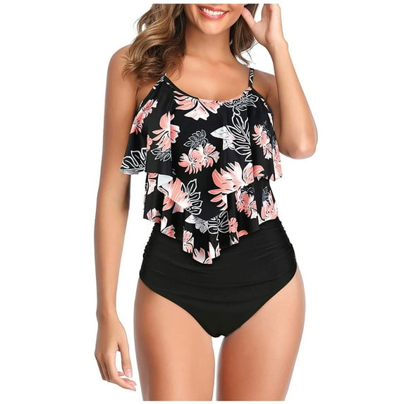 AOOCHASLIY Clothes 2022 Casual Women High Waisted Swimsuit Two Piece Ruffled Flounce Top With Ruched Bottom