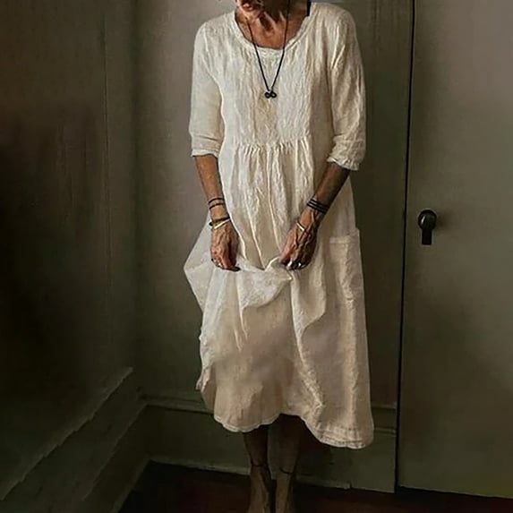 AOOCHASLIY Clearance Dress For Fall/Winter Fashion Women 1/2 Sleeve Casual Round-Neck Pocket Long Dress