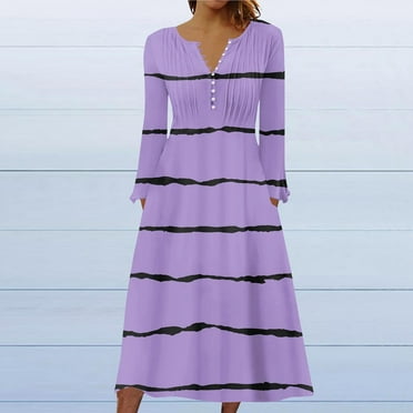 AOOCHASLIY Clearance Dress For Fall/Winter Women's Casual Round Neck Long Sleeve Buttoned Stripe Printed Dresses