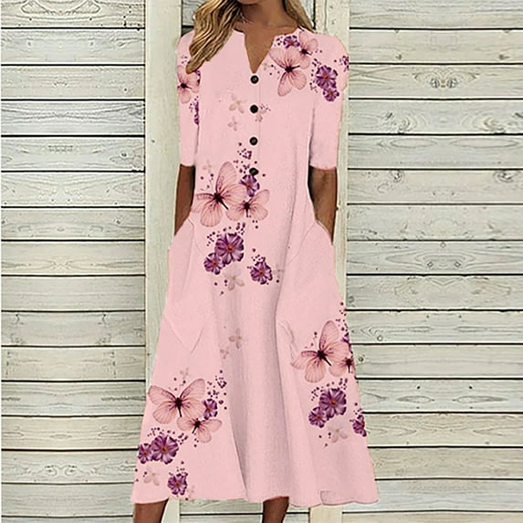 AOOCHASLIY Clearance Fall Dress Fashion Women Casual Loose Butterfly Printing V-Neck Short Sleeve Button Loose Swing Pockets Long Dress