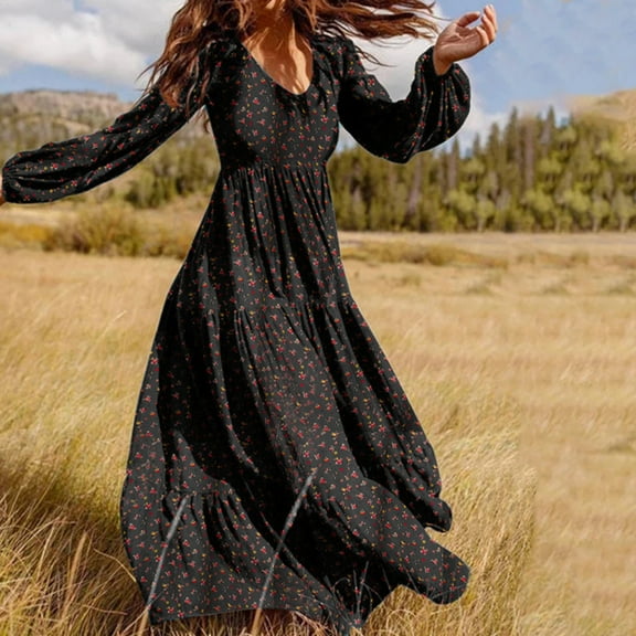 AOOCHASLIY Fall Dress Women Fashion Casual Chiffon Hedging V-neck Large Pendant Long Sleeve Floral Elegant skirt Dress