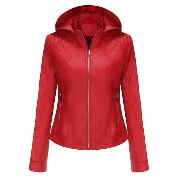 AOOCHASLIY Clearance Ladies Coat Women Leather Standing Collar Slim Fitting Zipper Hood (detachable) Jacket Leather Coat