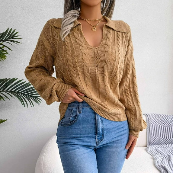 AOOCHASLIY Clearance Sweaters Fashion Women’s Casual Lapel Neck Solid Long Sleeve Loose Sweater Blouse Tops