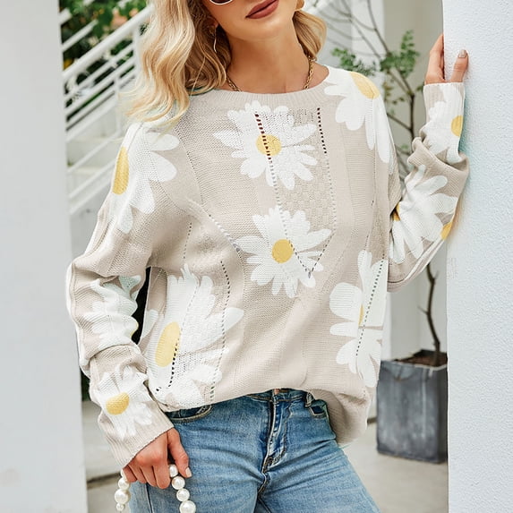 AOOCHASLIY Clothes Sweaters Fashion Womens Daisy Printed Casual Pullover Loose Long Sleeve Sweater