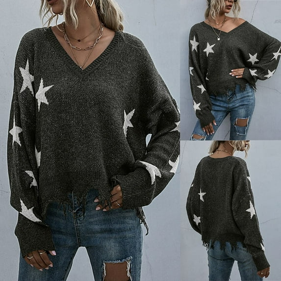 AOOCHASLIY Clothes Sweaters Fashion Womens Long sleeve Long Sleeve Star Pullover Tassel Knitted Sweater