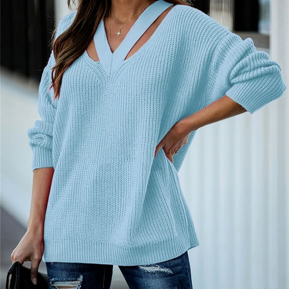 AOOCHASLIY Clearance Sweaters Fashion Womens Solid Color Long Sleeve Pullove V-Neck Casual Sweater Tops