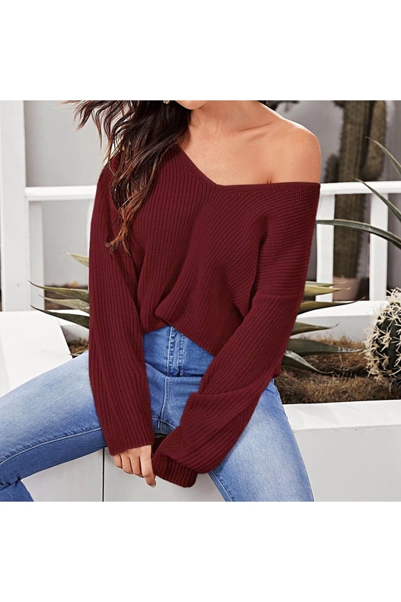 Clothes Sweaters Women Fashion Loose Elastic Solid Strap V Neck Sweater Tops