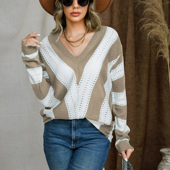 AOOCHASLIY Clearance Sweaters Women Winter Casual Striped Color Blocking V Neck Long Sleeve Pullover Knitted Sweater Top Blouse