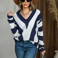 thumbnail image 1 of AOOCHASLIY Clearance Sweaters Women Winter Casual Striped Color Blocking V Neck Long Sleeve Pullover Knitted Sweater Top Blouse, 1 of 5