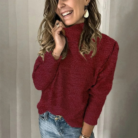 AOOCHASLIY Clothes Sweaters Women's Casual Solid Pullover Turtleneck Blouse Long Sleeve Plush Tops Sweater