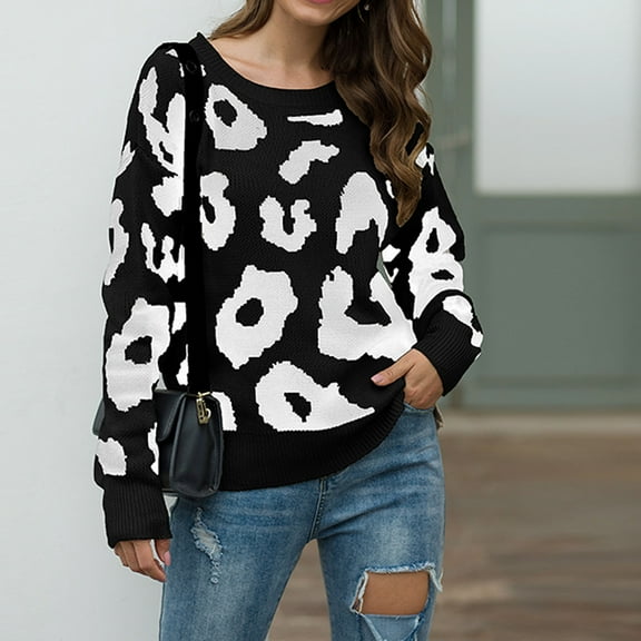 AOOCHASLIY Clothes Sweaters Women's Fashion Sleeves Leopard Round-Neck Tops Blouse Knitted Sweater