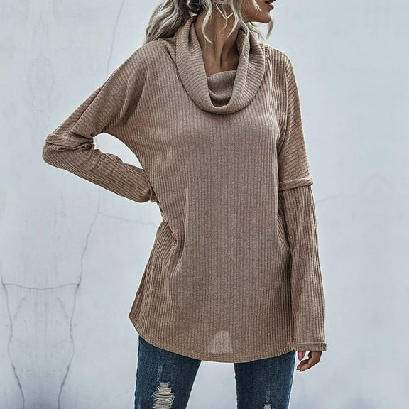 AOOCHASLIY Clothes Sweaters Women's Turtleneck Solid Color Sweater Long-sleeve Patchwork Slit Knitted Sweater